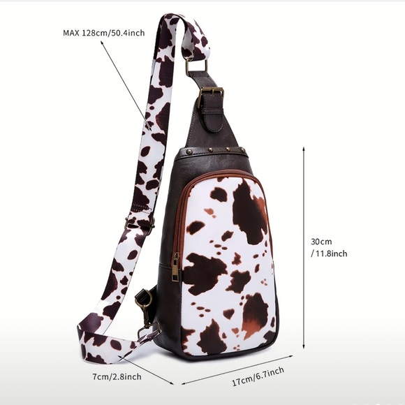 Vegan Leather Studded Vintage Cow Print Crossbody Bag - Picture 2 of 10